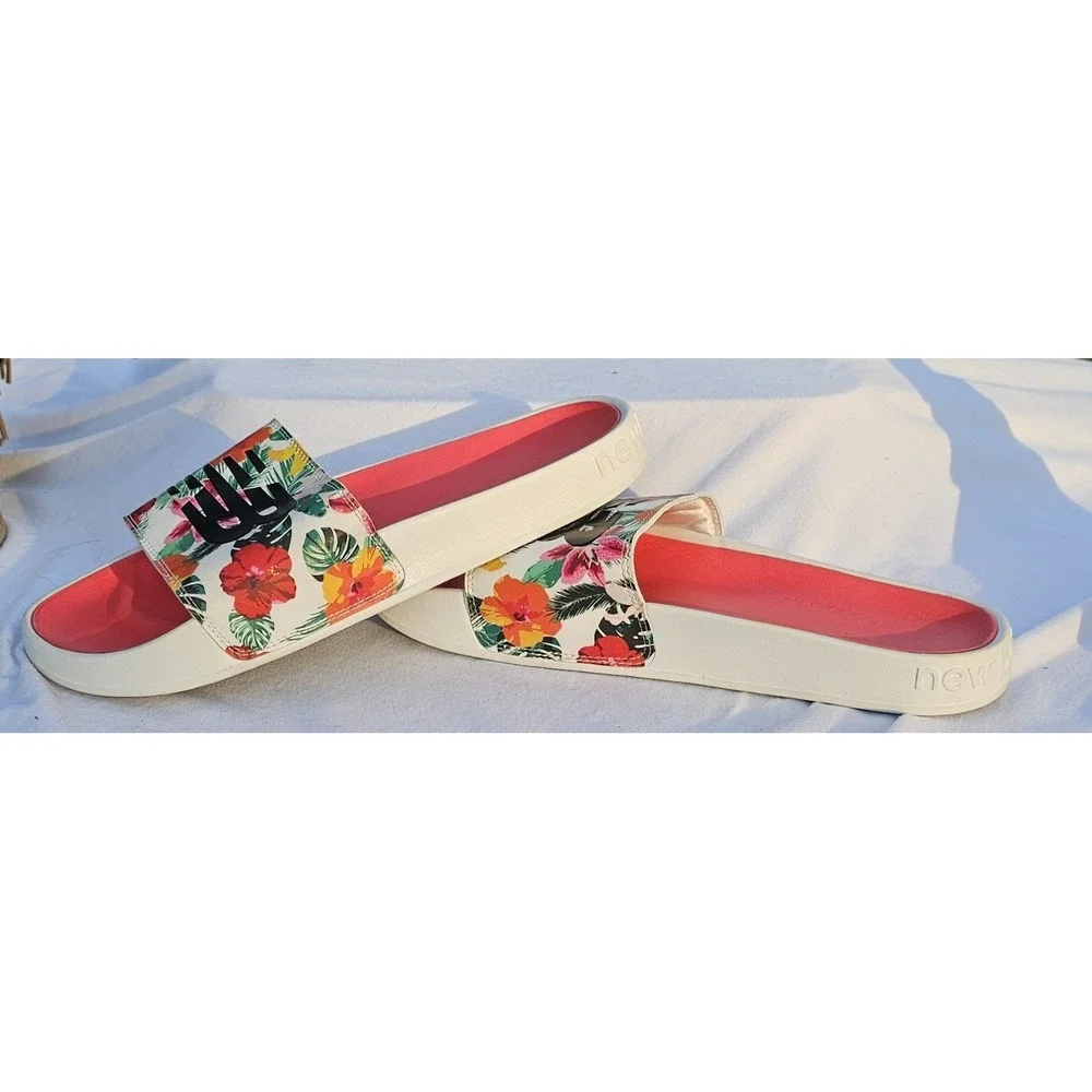 New Balance 200 V1 Women's Size 12 Slide Sandal Floral Logo Print White Slip On - Picture 5 of 11